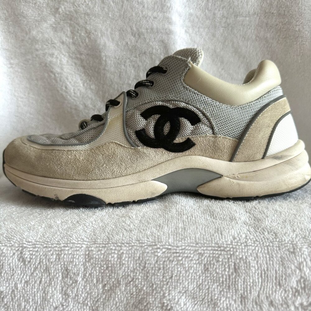 Mesh Suede Calfskin Grained Calfskin Womens CC Sneakers 38 Beige Grey Black